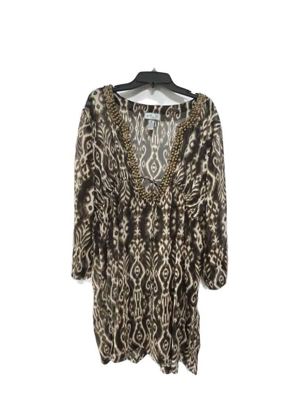 Bali Club Brown Abstract Print Sheer Beaded VNeck Vacation Resort Beach CoverUp